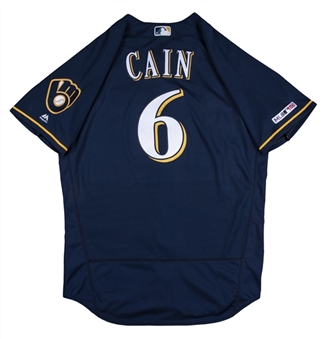 2019 Lorenzo Cain Game Used Milwaukee Brewers Alternate Blue Jersey Worn For Multiple Games (5) Including First Career 5-Hit Game (MLB Authenticated)